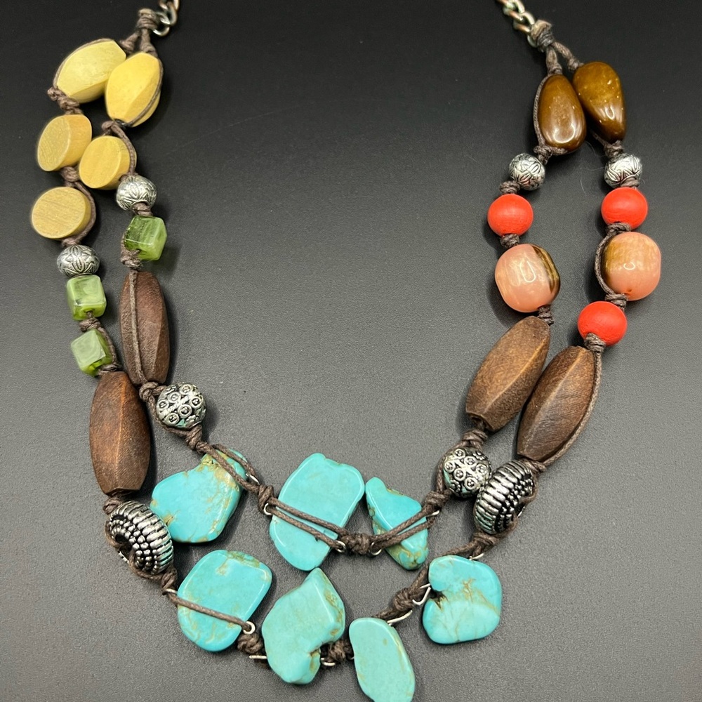 Boho Turquoise and Beaded Double Strand Corded Necklace Earthy Natural Native